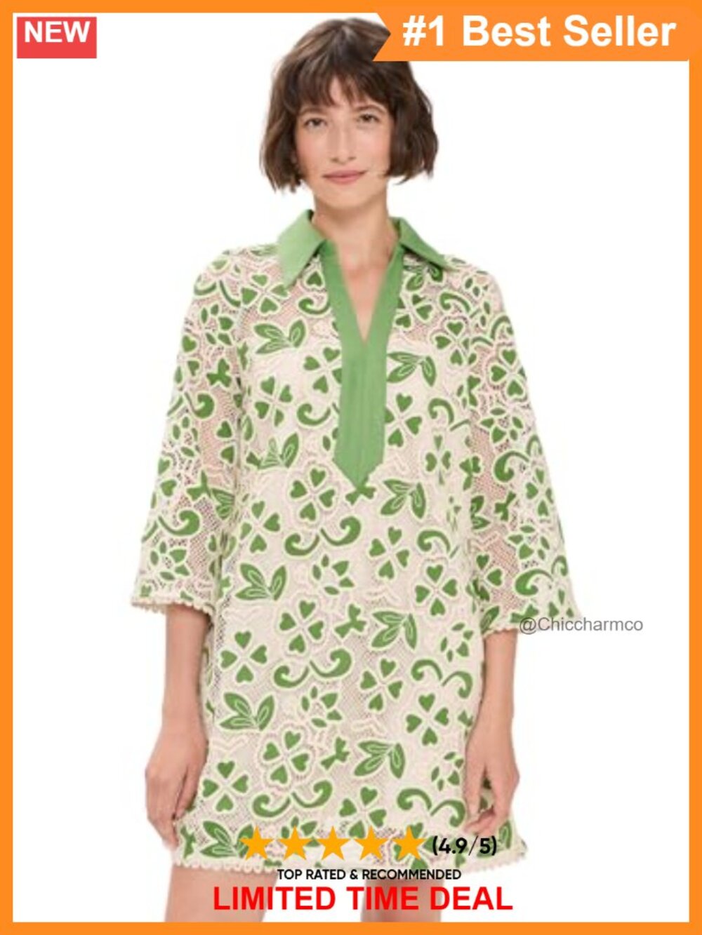 Embroidered Collar Mini Dress Crochet Clover Jacquard 3/4 Bell Sleeve